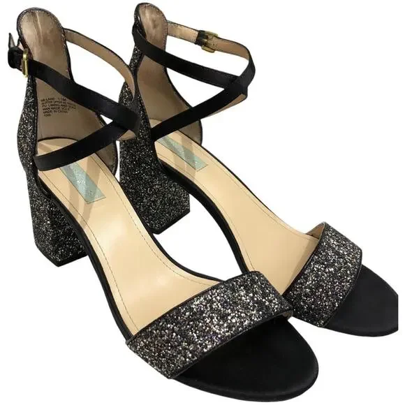 Blue by Betsey Johnson SB-Lane Glitter Block Heel Sandals Black 11 EUC